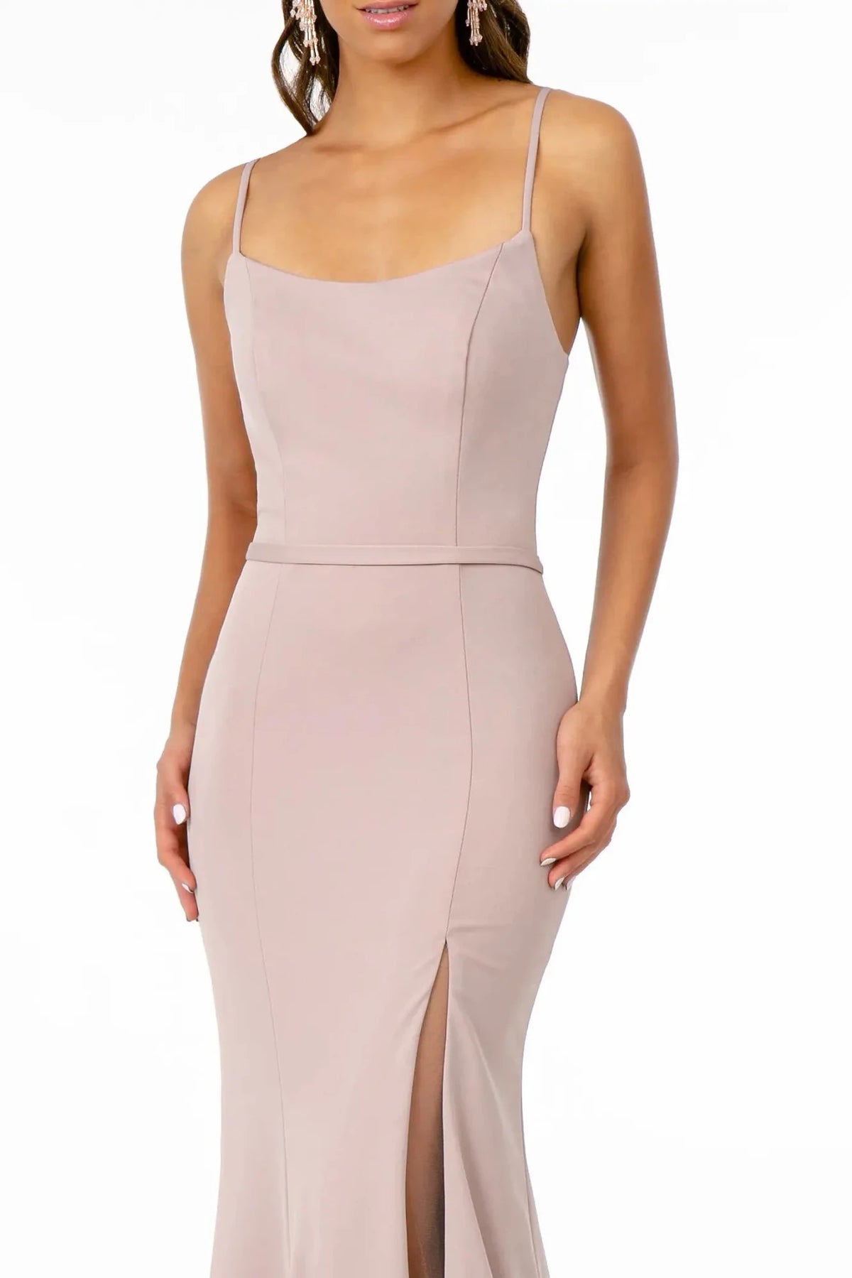 Mauve scoop-neck prom evening dress upper front with slit