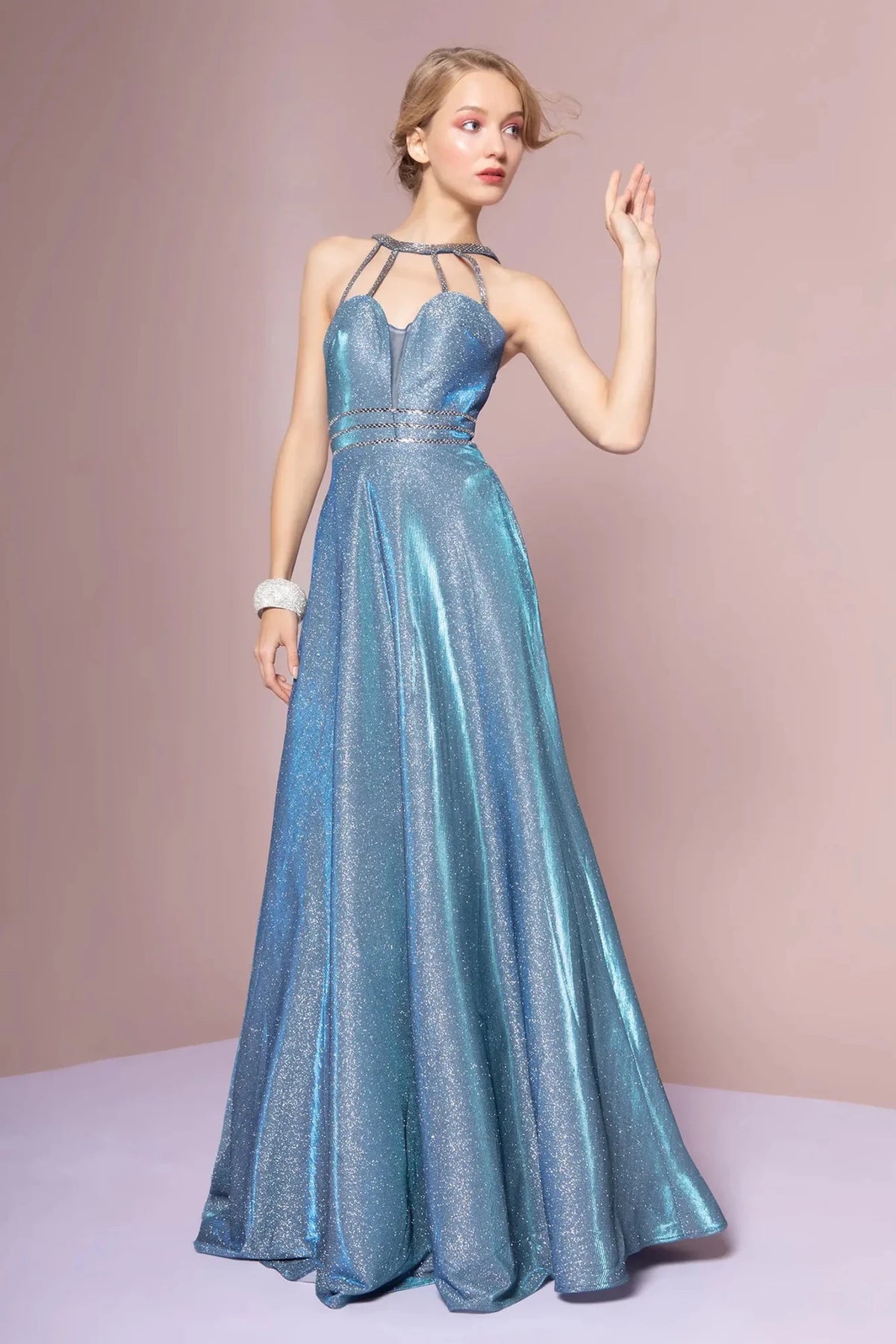 Blue glitter prom evening dress full front