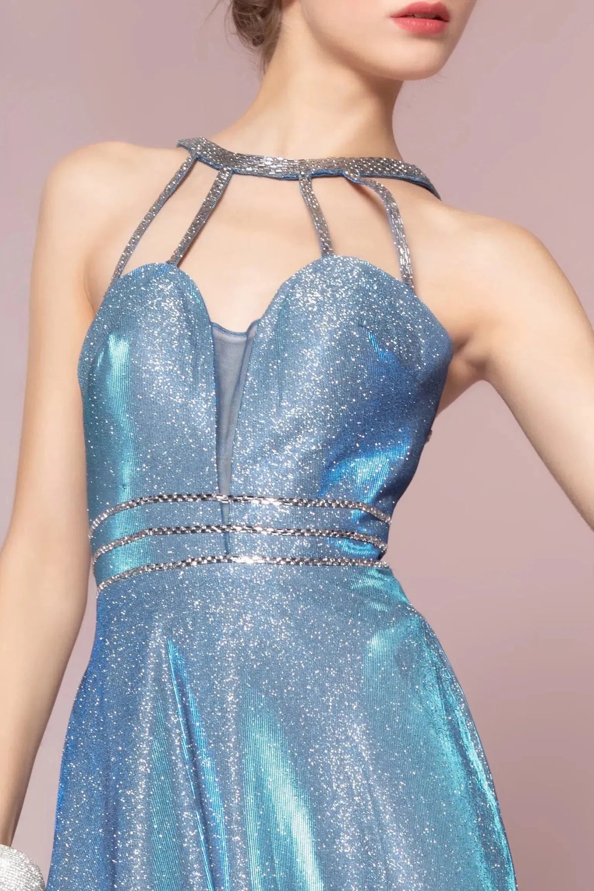 Blue cut out neckline prom evening dress upper front with glitter, cut-out