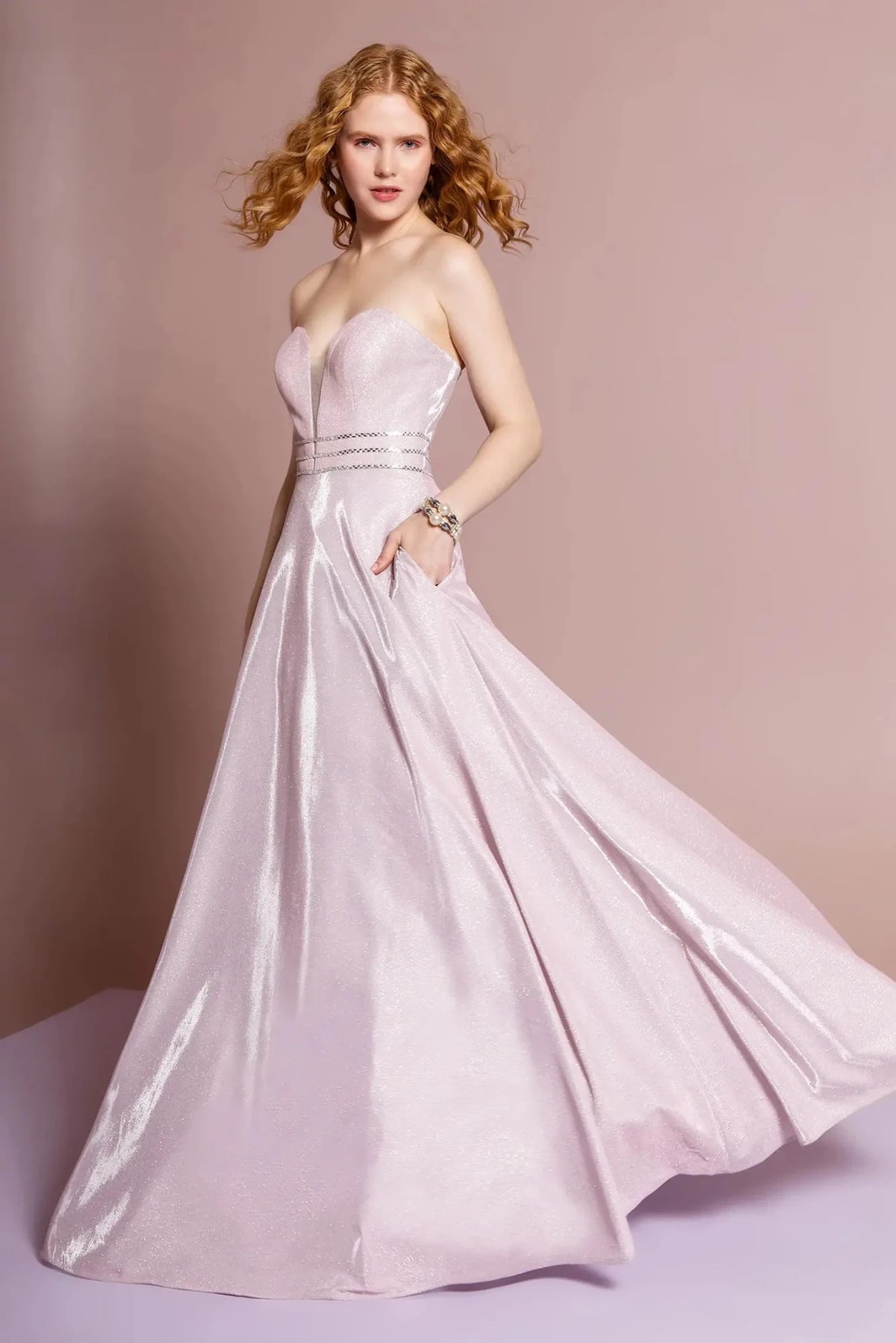 Blush beaded prom evening dress full front