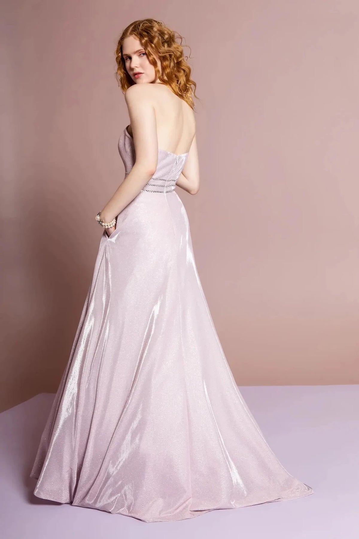 Blush prom evening dress full back with open back