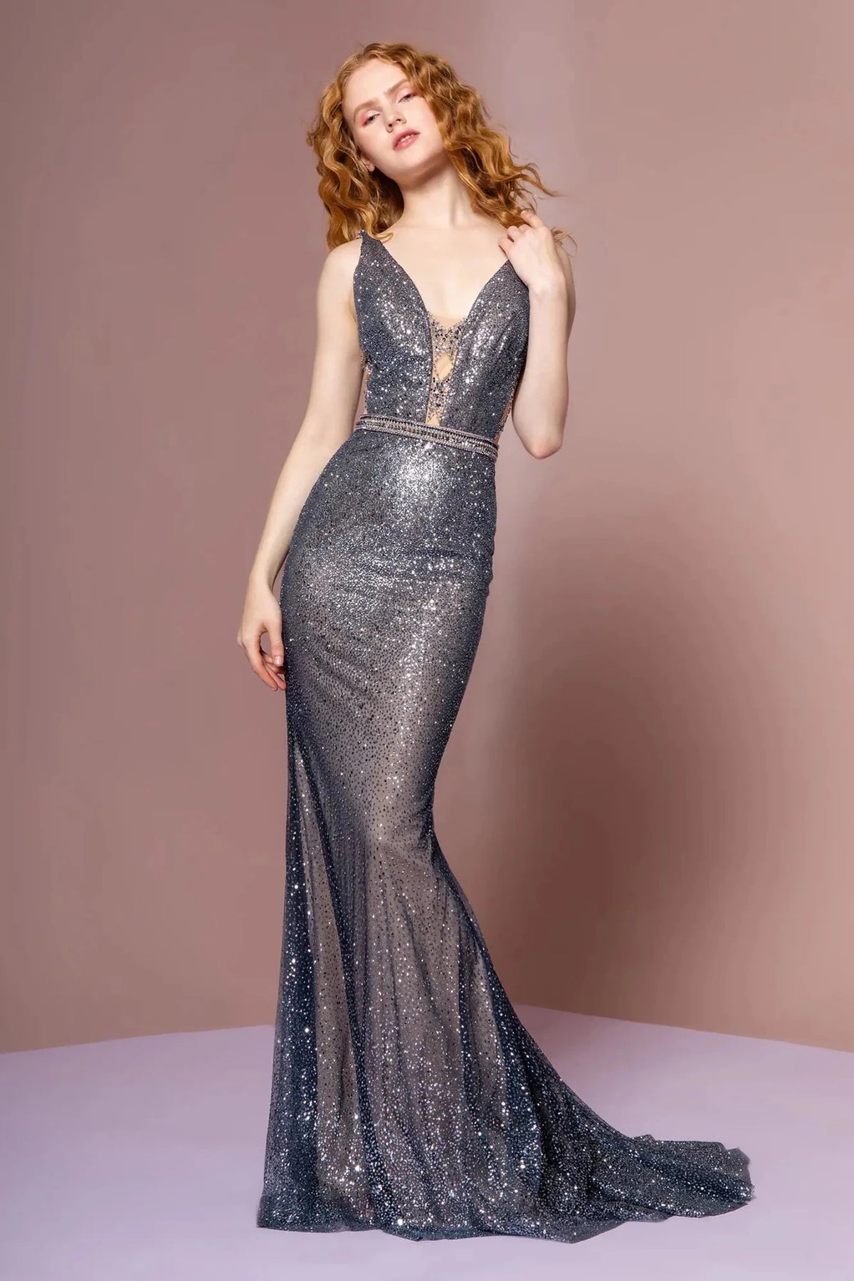 Charcoal beaded prom evening dress full front