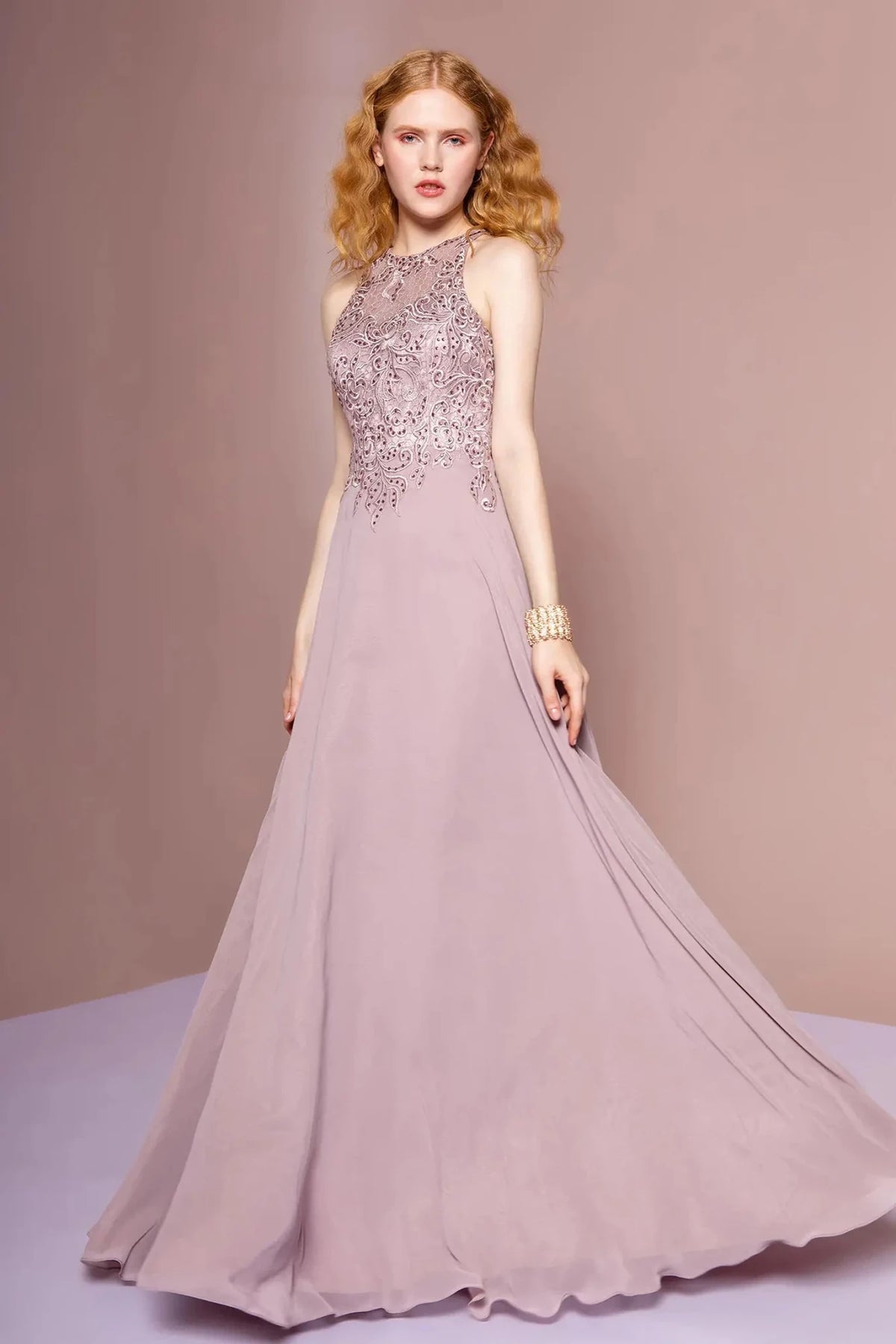 Mauve embroidered prom evening dress full front