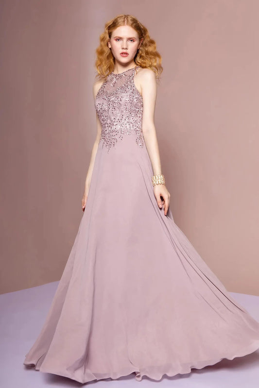 Full-length front view shows embroidered styling on the Mauve prom evening dress.