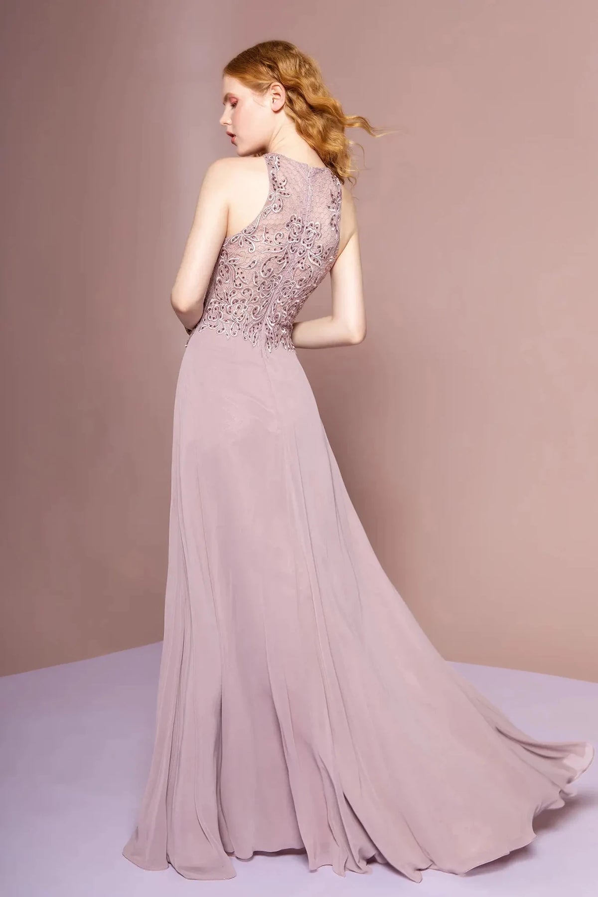 Mauve prom evening dress full back with sheer back