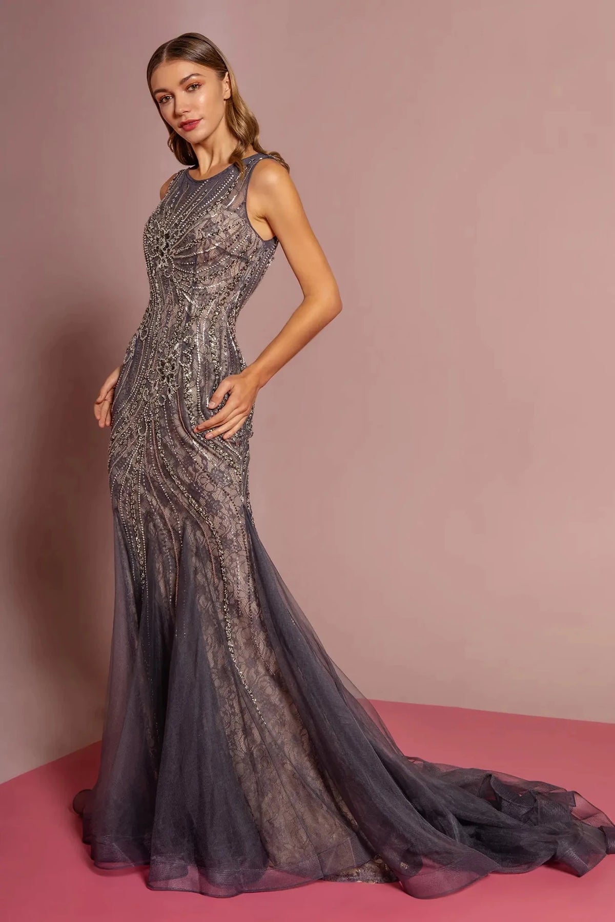 Charcoal sequin prom evening dress full front