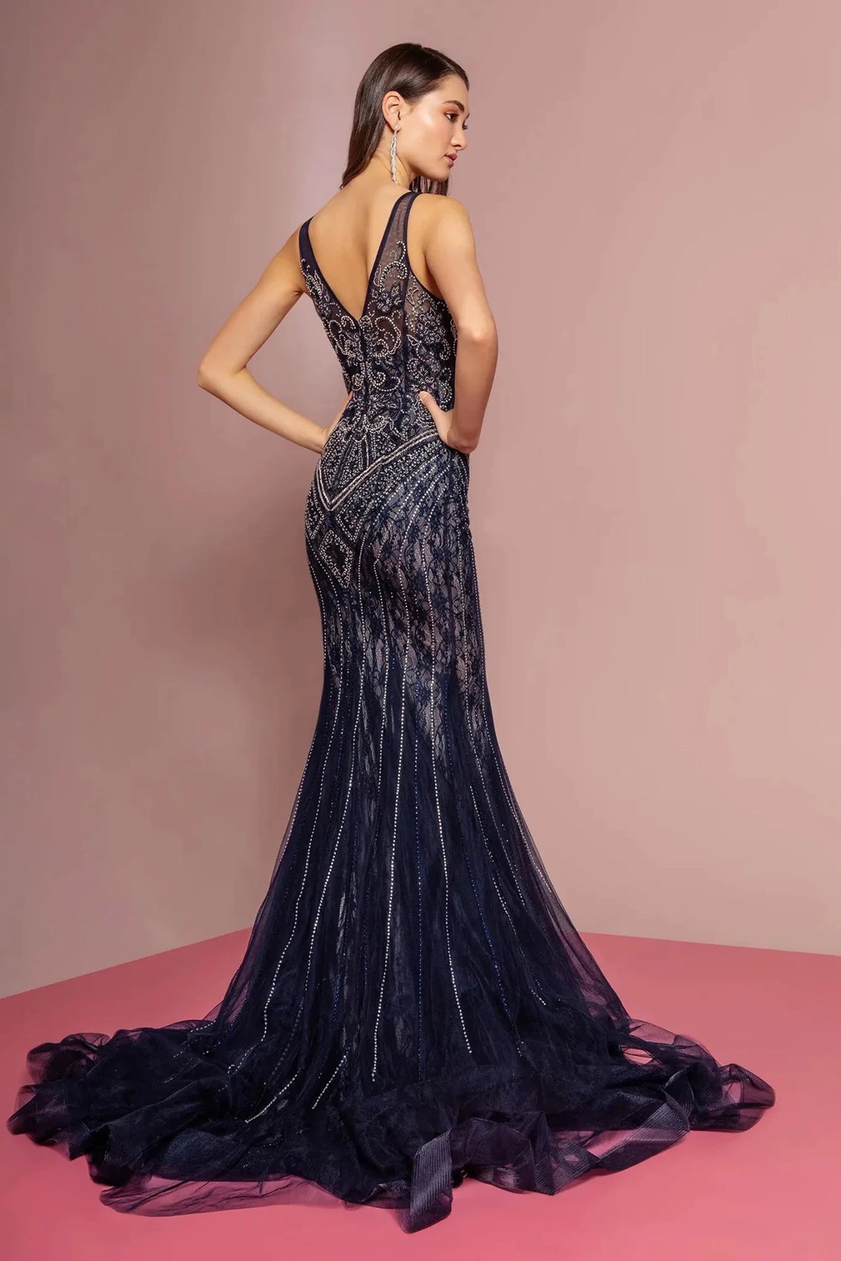 Navy prom evening dress full back with open back