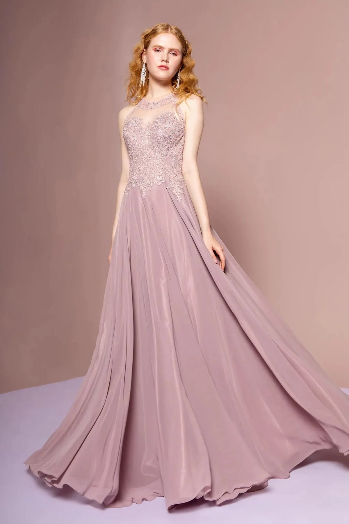 Mauve embroidered prom evening dress full front