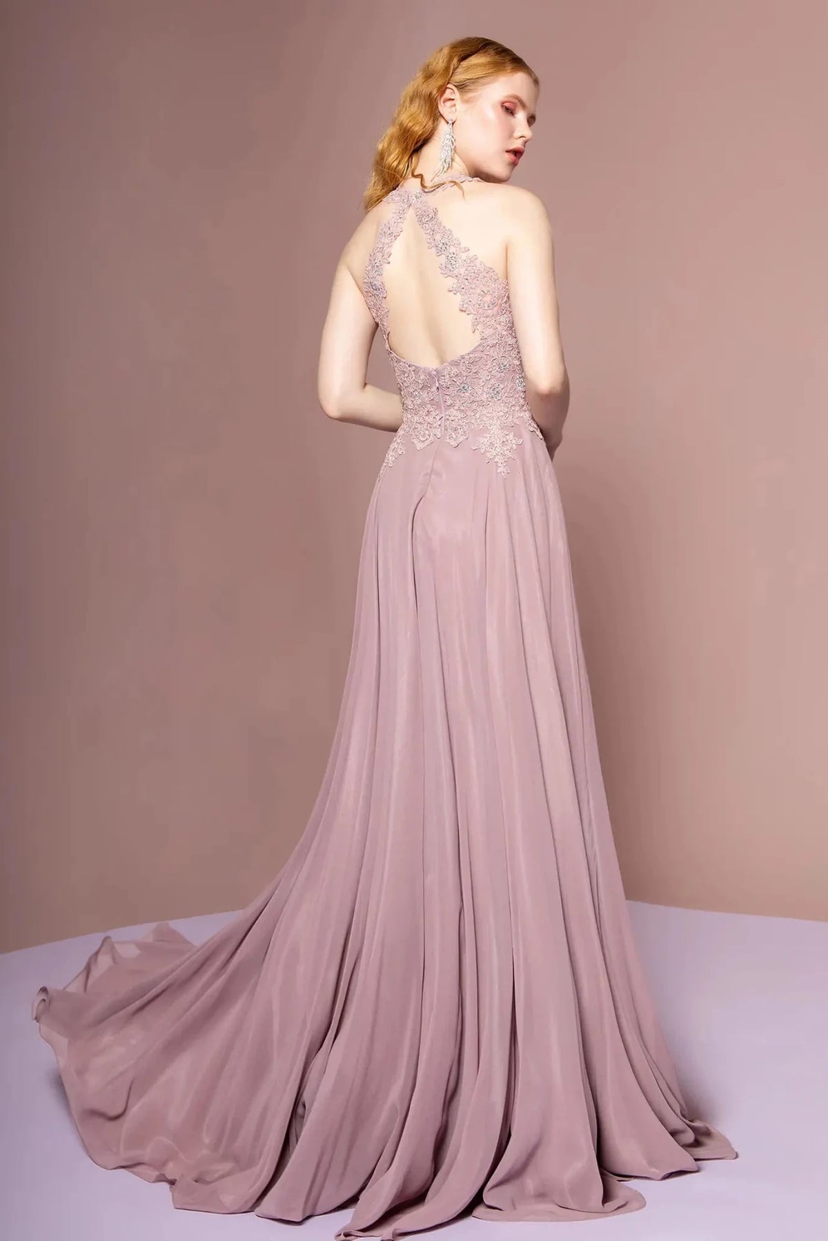 Mauve prom evening dress full back with open back