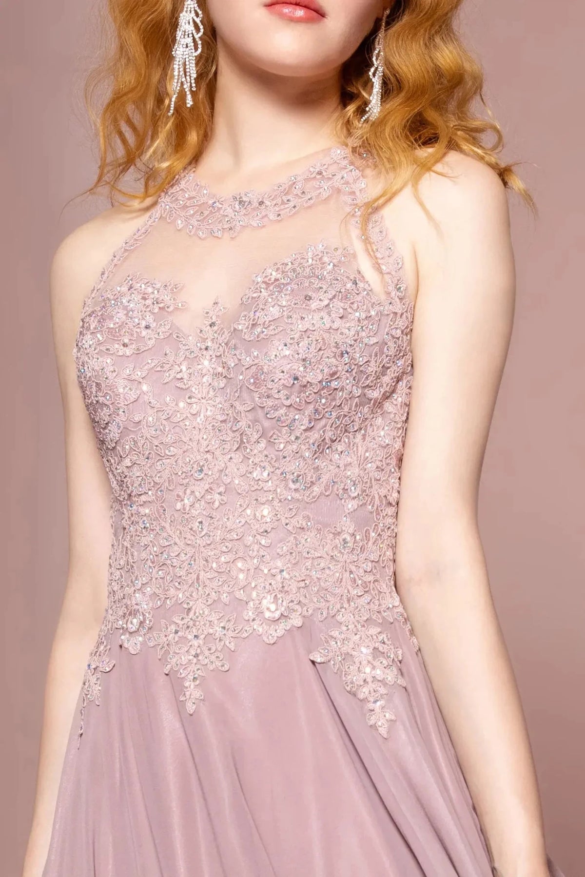 Mauve scoop-neck prom evening dress upper front with embroidery, jewel