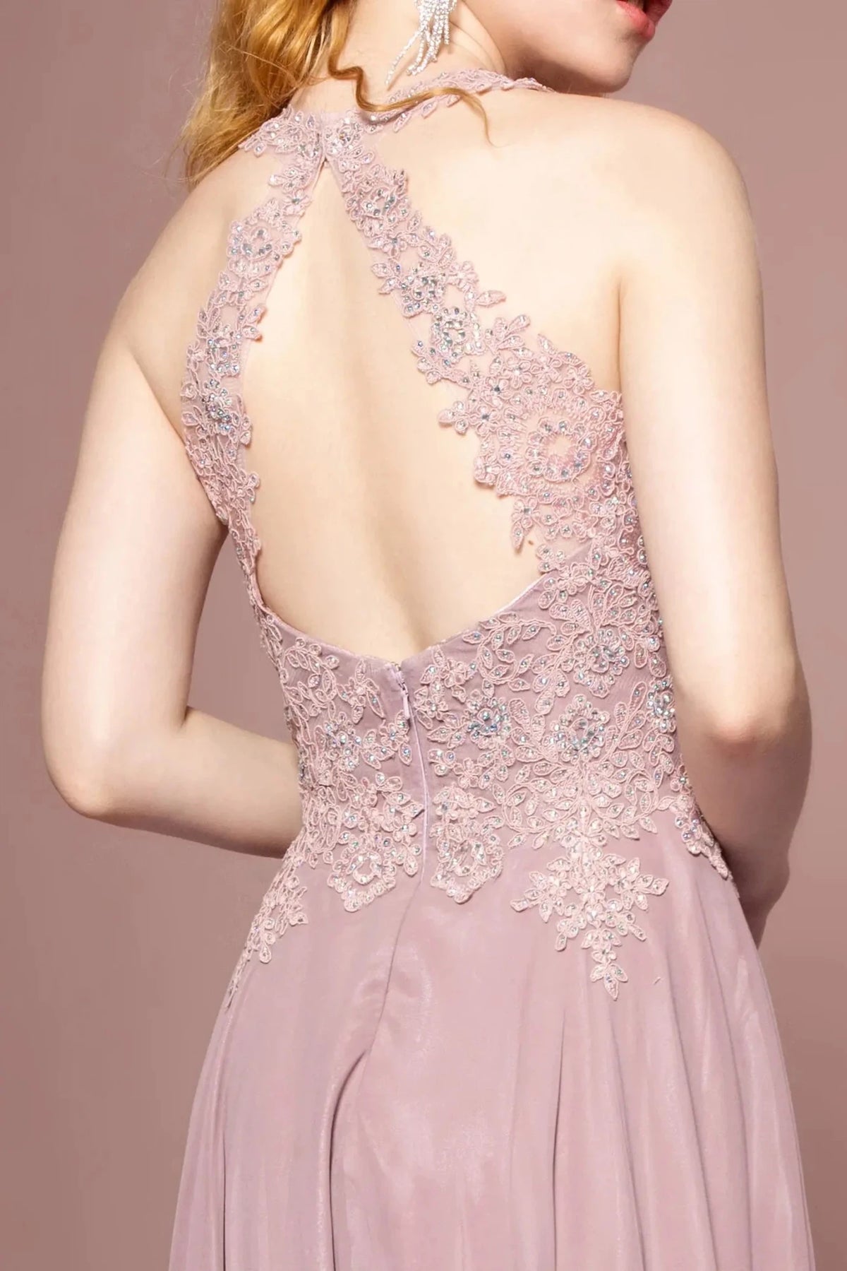 Mauve prom evening dress a-line skirt detail