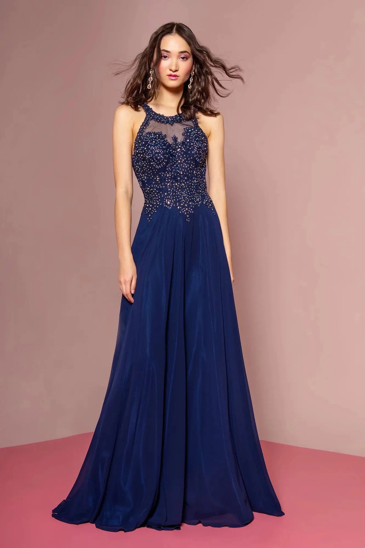 Navy embroidered prom evening dress full front