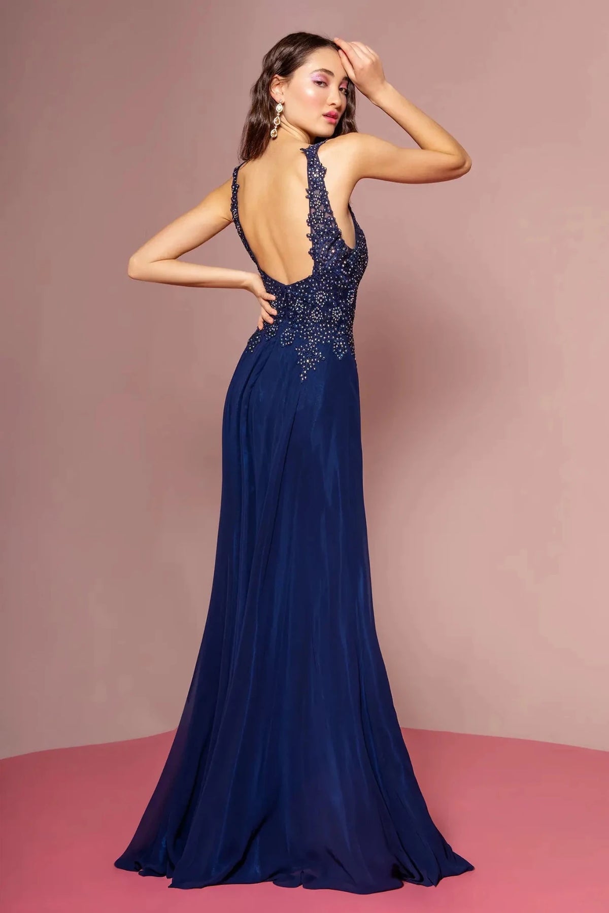 Navy prom evening dress full back with open back