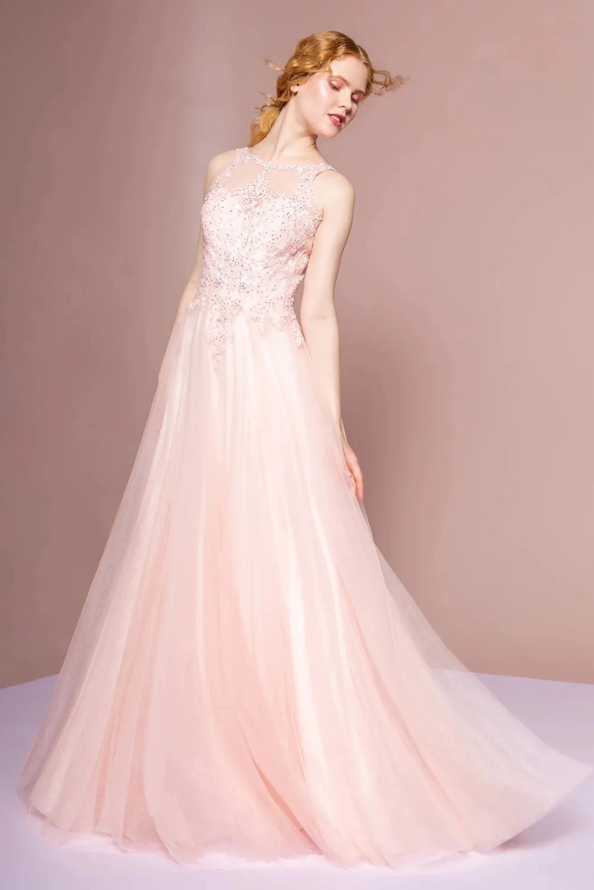 Blush lace prom evening dress full front