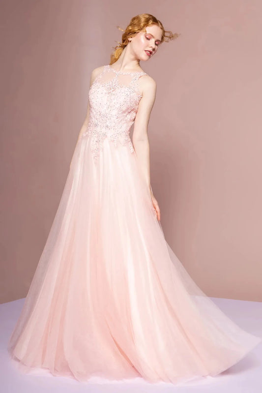 Full-length front view shows lace styling on the Blush prom evening dress.