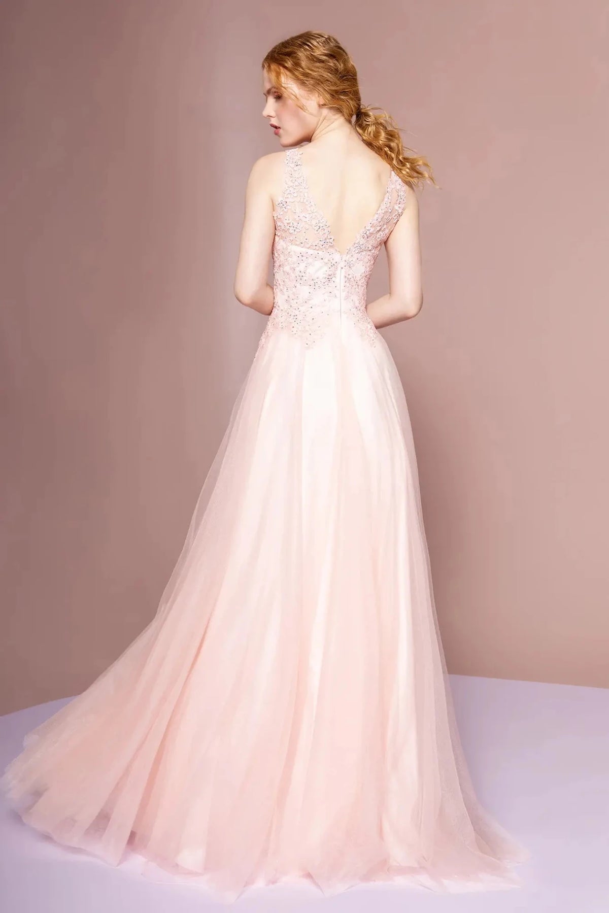 Blush prom evening dress full back with open back