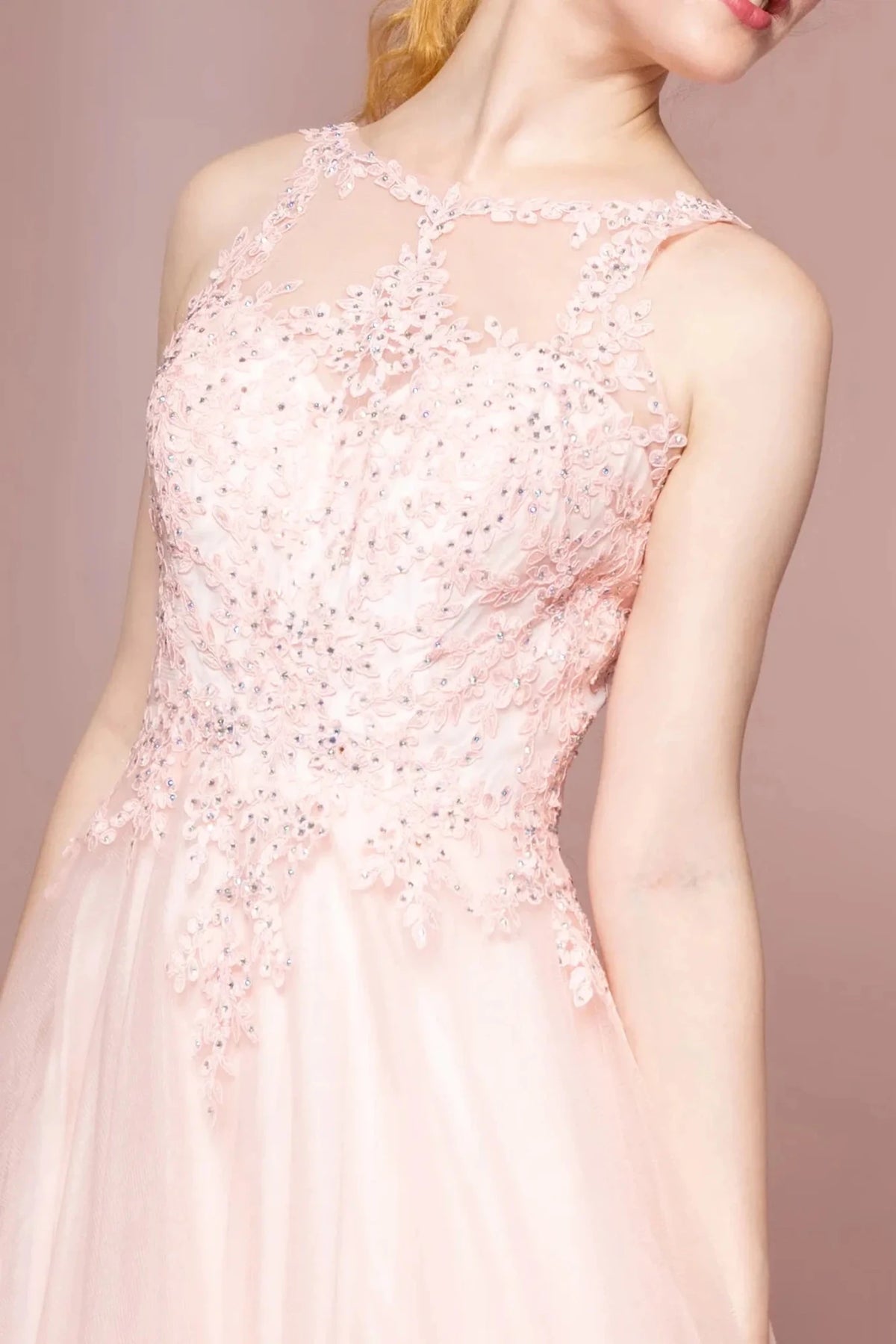 Blush scoop-neck prom evening dress upper front with lace, floral