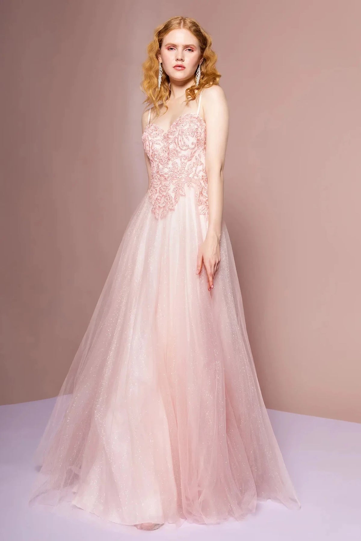 Blush embroidered prom evening dress full front