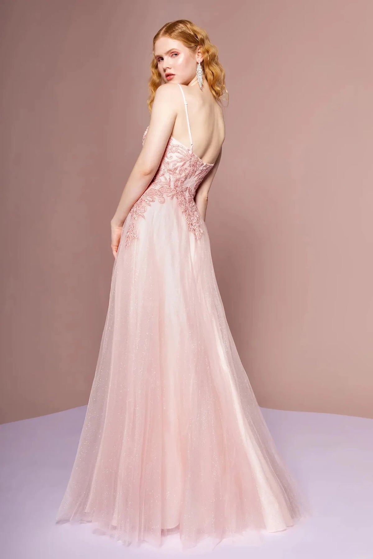 Blush prom evening dress full back with open back