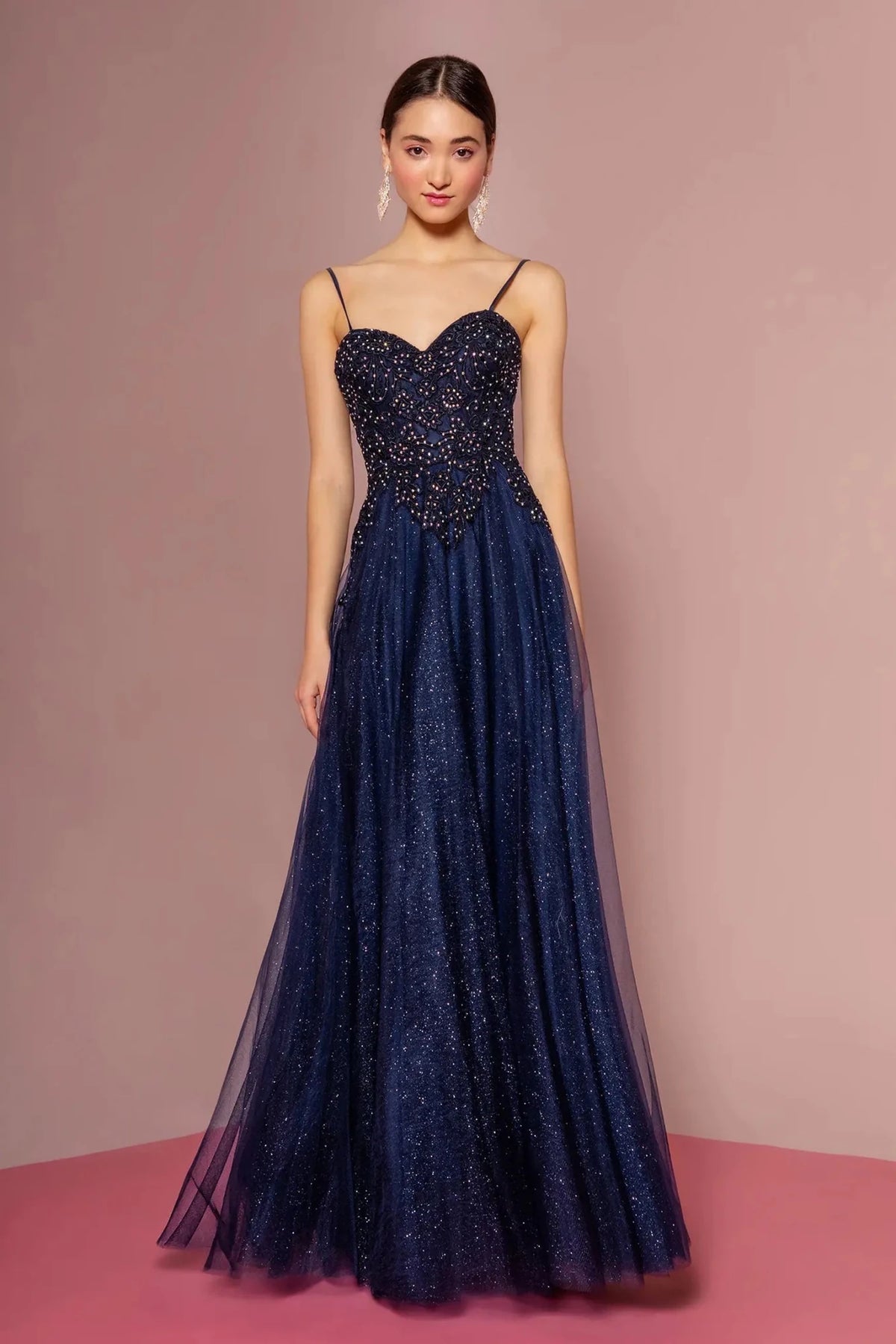 Navy embroidered prom evening dress full front