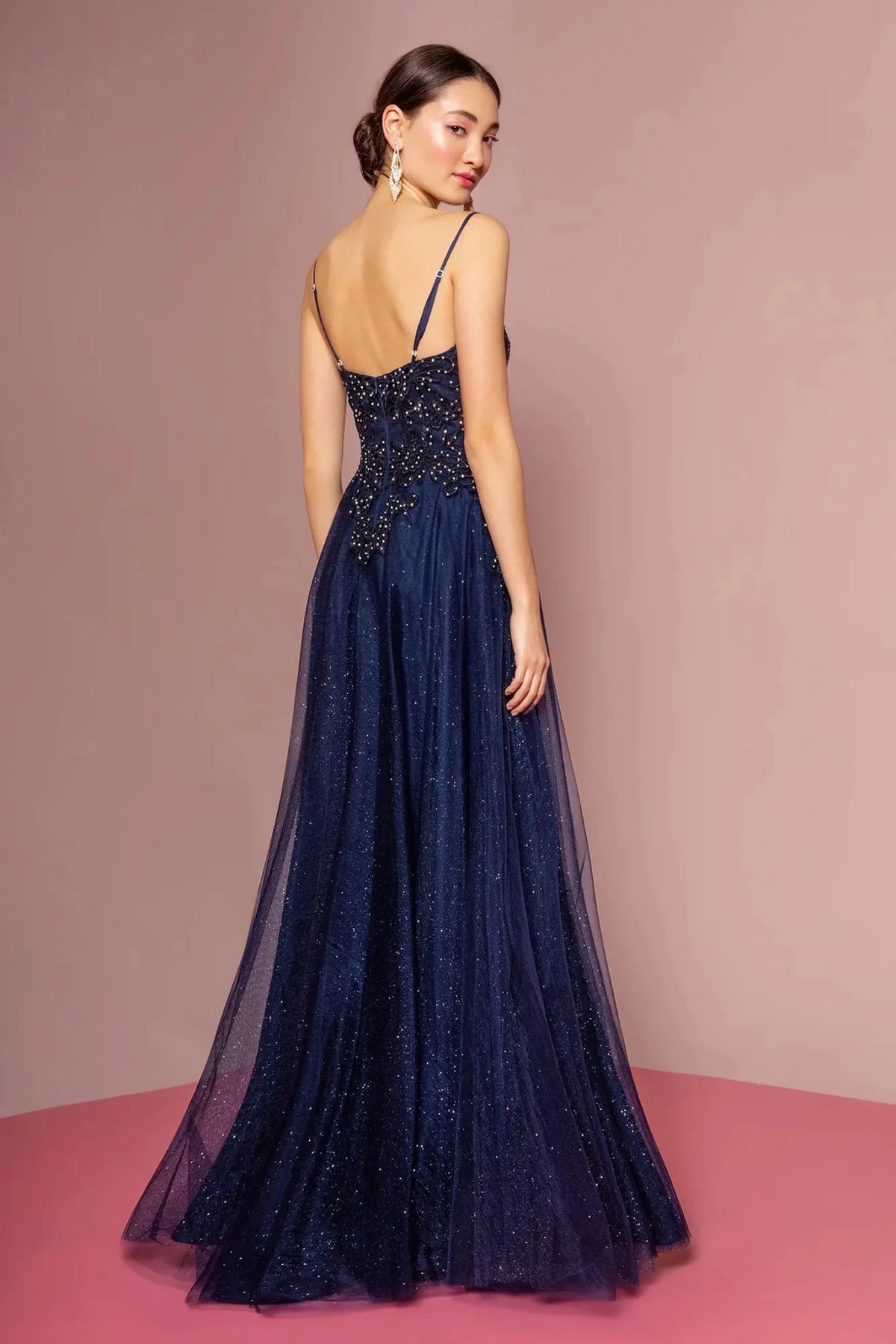 Navy prom evening dress full back with open back