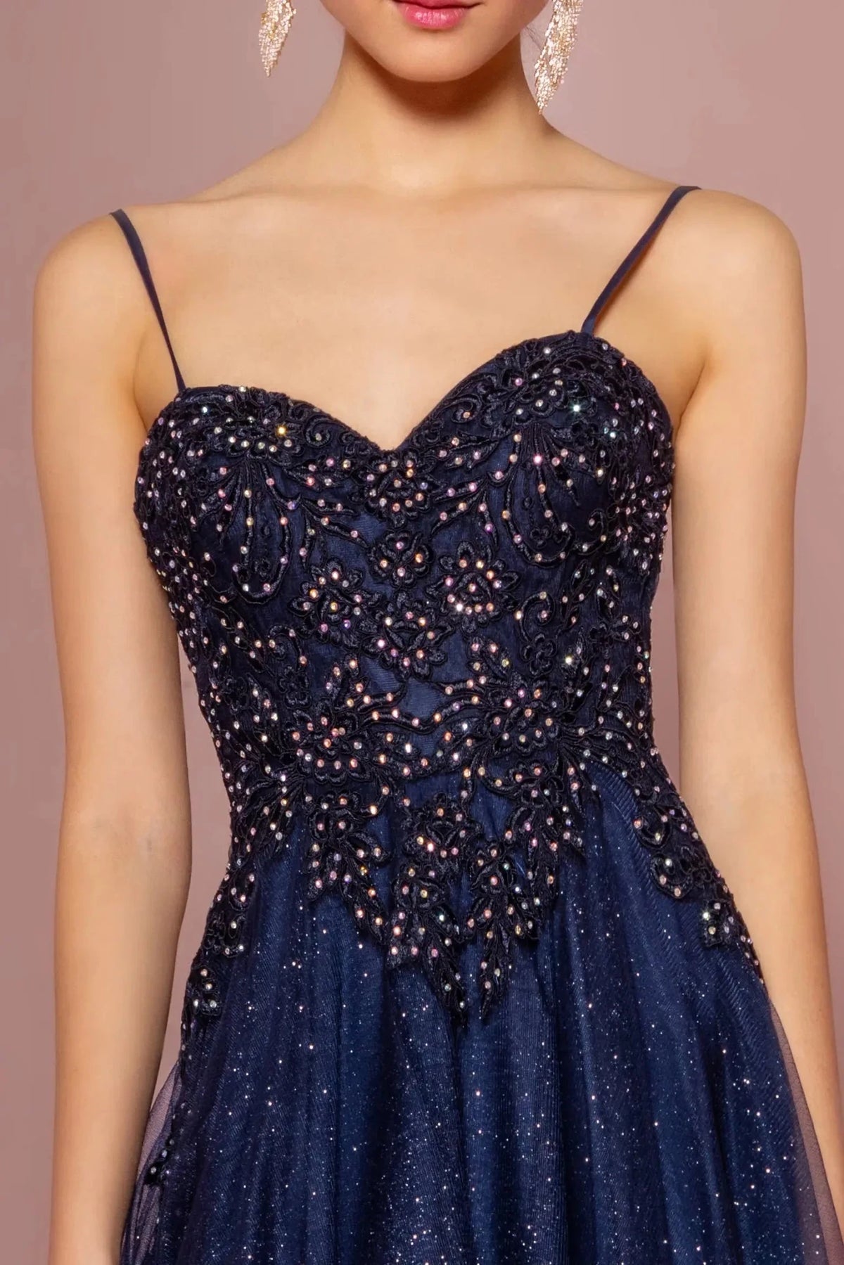 Navy sweetheart prom evening dress upper front with embroidery, jewel