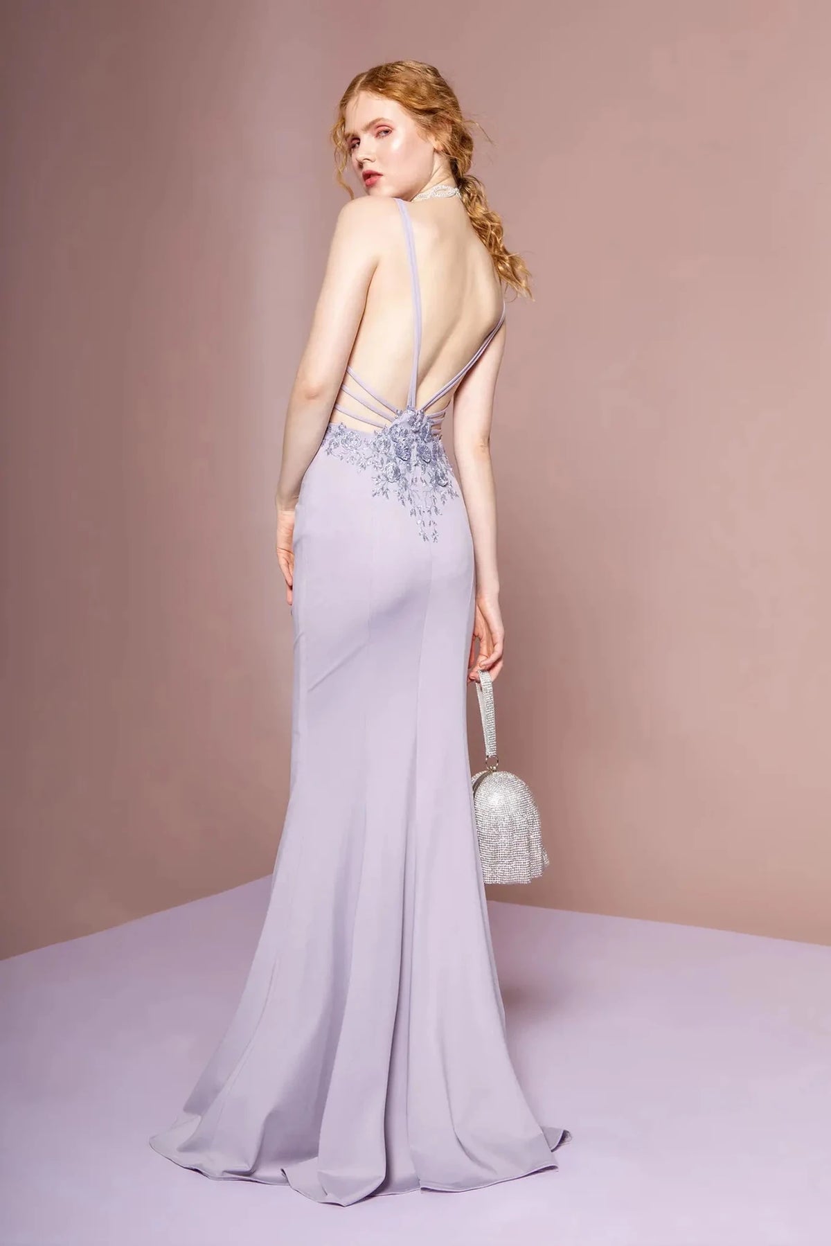 Lilac prom evening dress full back with open back