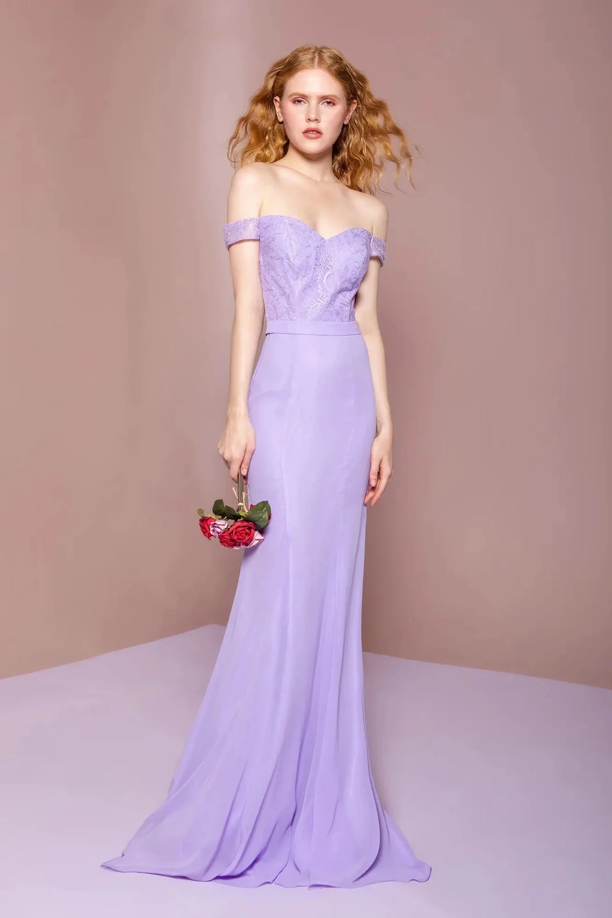 Lilac sweetheart off-shoulder prom evening dress full front