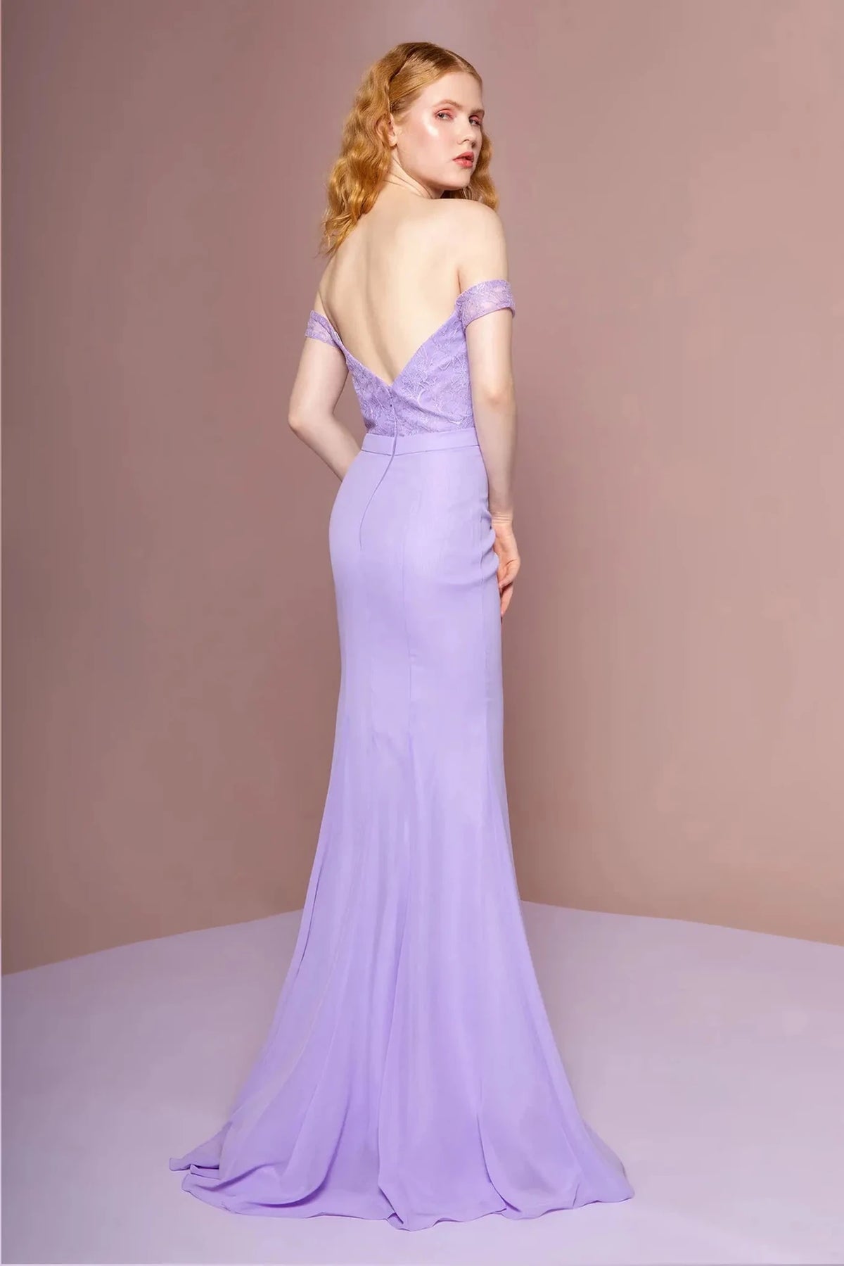 Lilac prom evening dress full back with open back