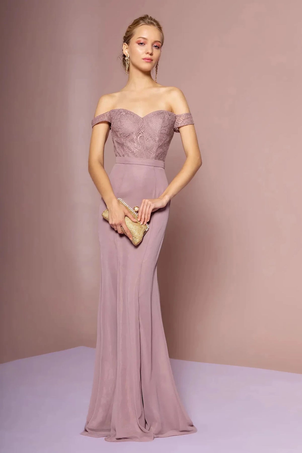 Mauve sweetheart off-shoulder prom evening dress full front