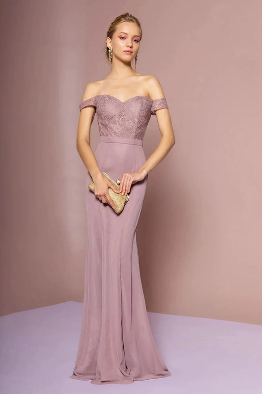 Full-length front view shows sweetheart off-shoulder styling on the Mauve prom evening dress.