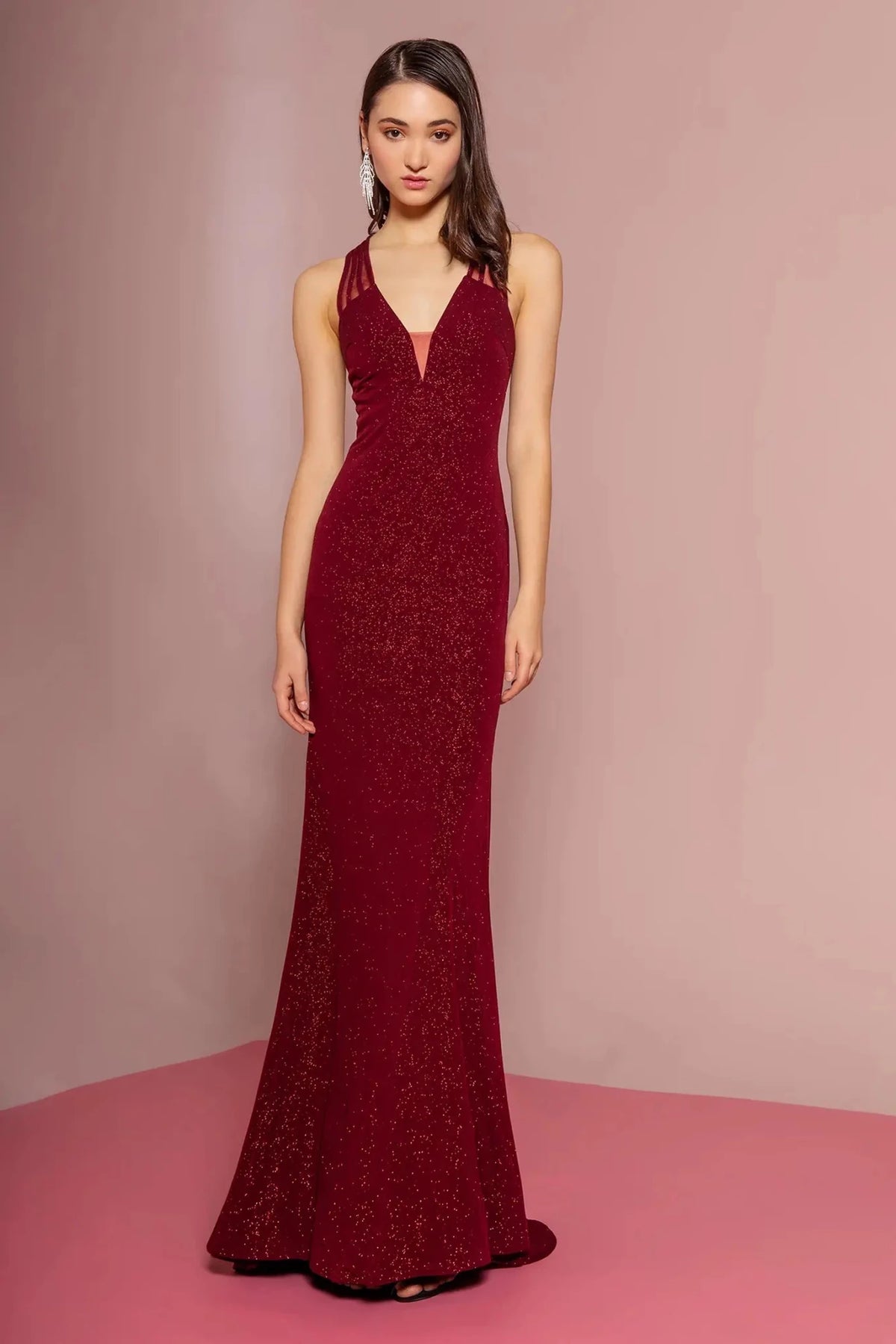 Burgundy glitter prom evening dress full front