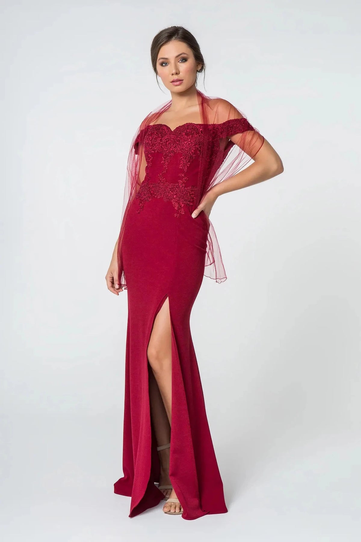 Burgundy embroidered off-shoulder prom evening dress full front