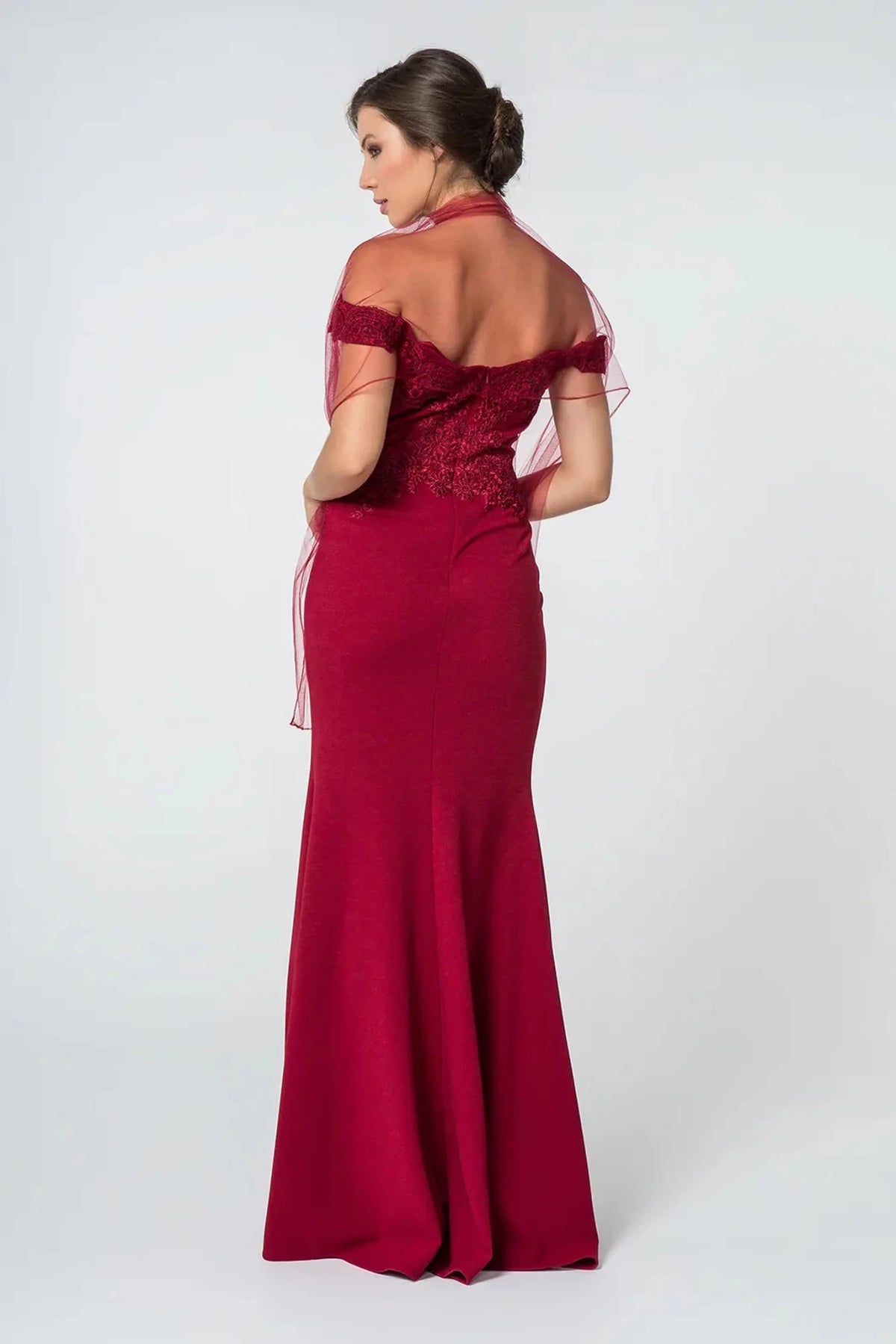 Burgundy prom evening dress full back with open back