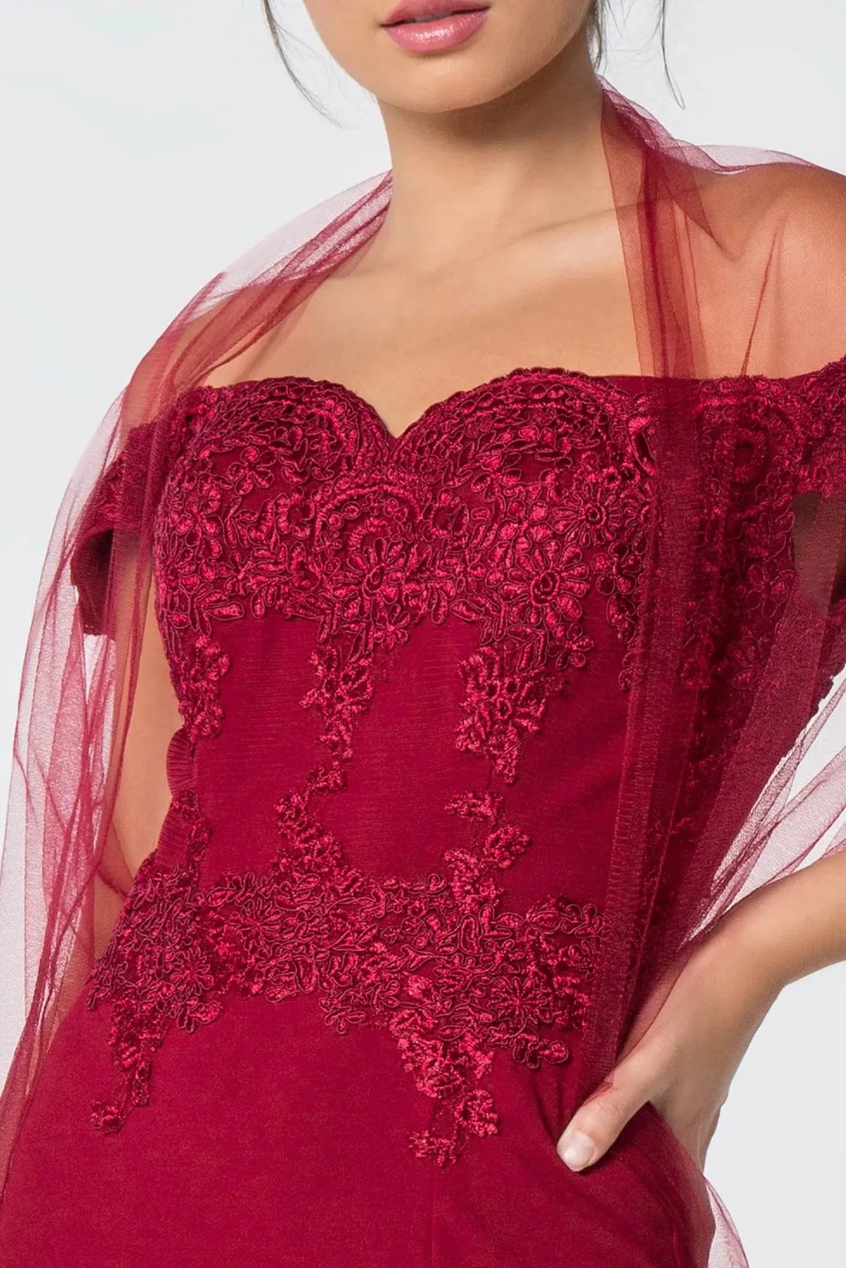 Burgundy sweetheart prom evening dress upper front with embroidery