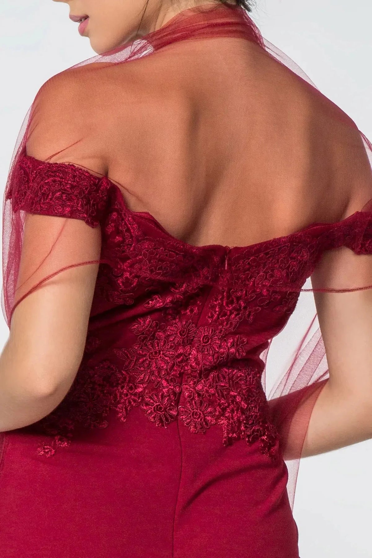 Burgundy prom evening dress mermaid skirt detail