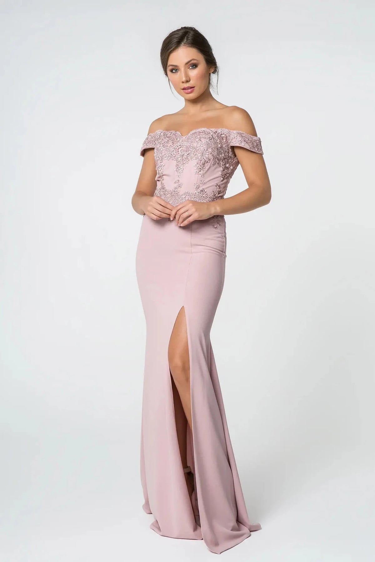 Mauve embroidered off-shoulder prom evening dress full front
