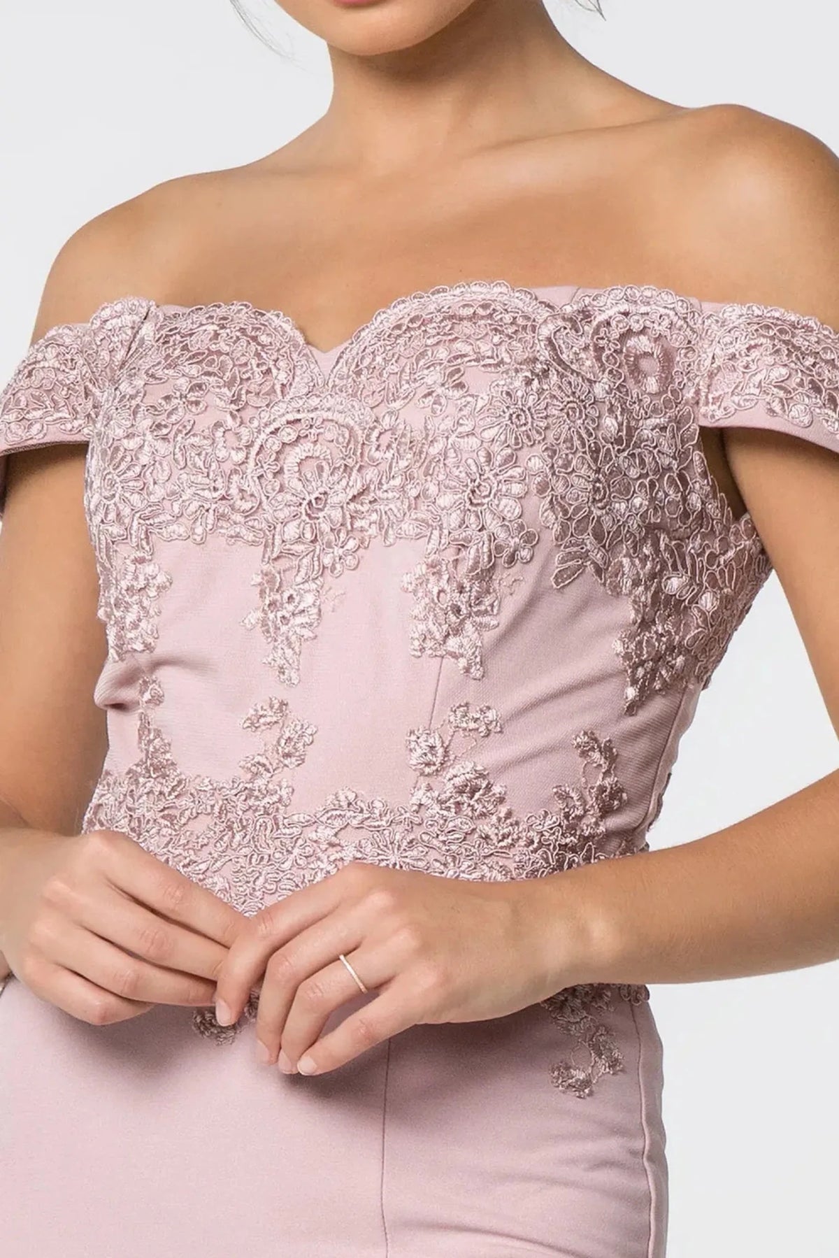 Mauve sweetheart prom evening dress upper front with embroidery