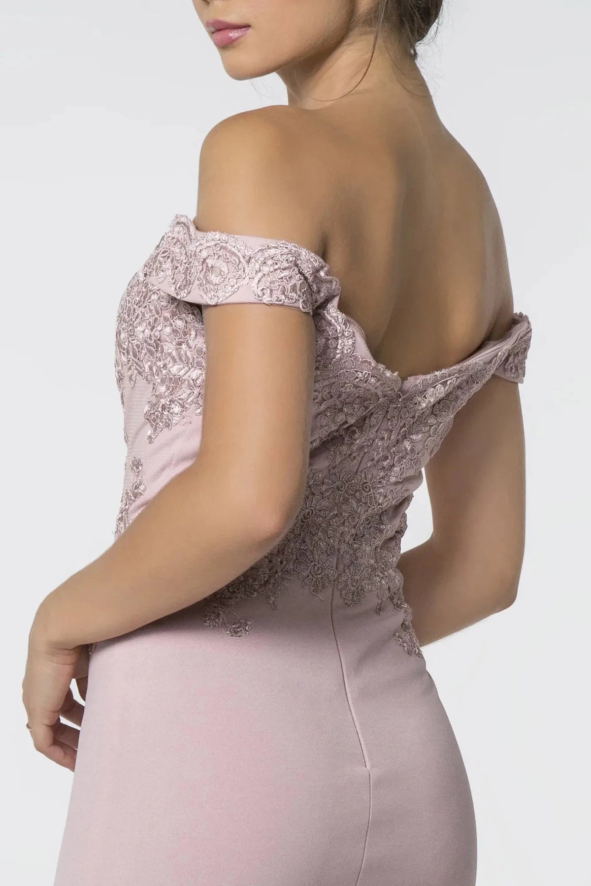 Mauve prom evening dress mermaid skirt detail