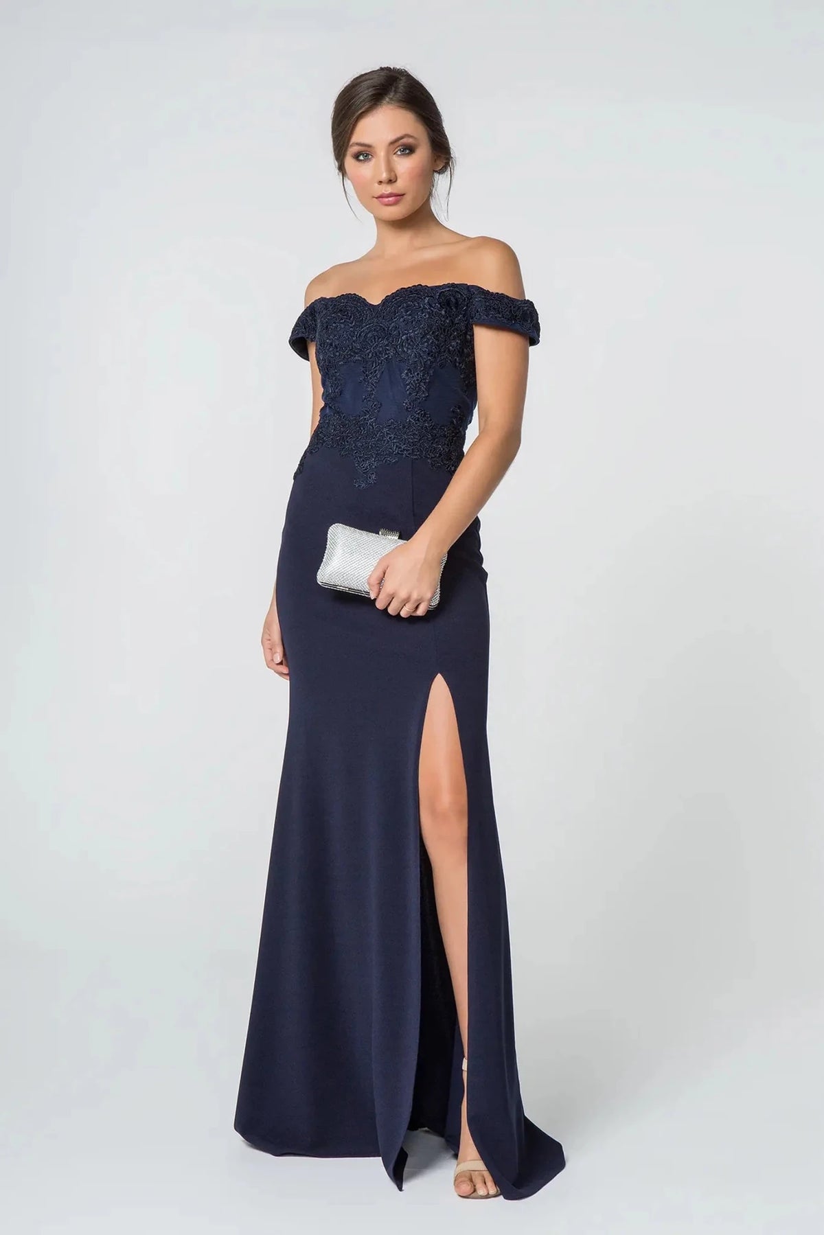Navy embroidered off-shoulder prom evening dress full front