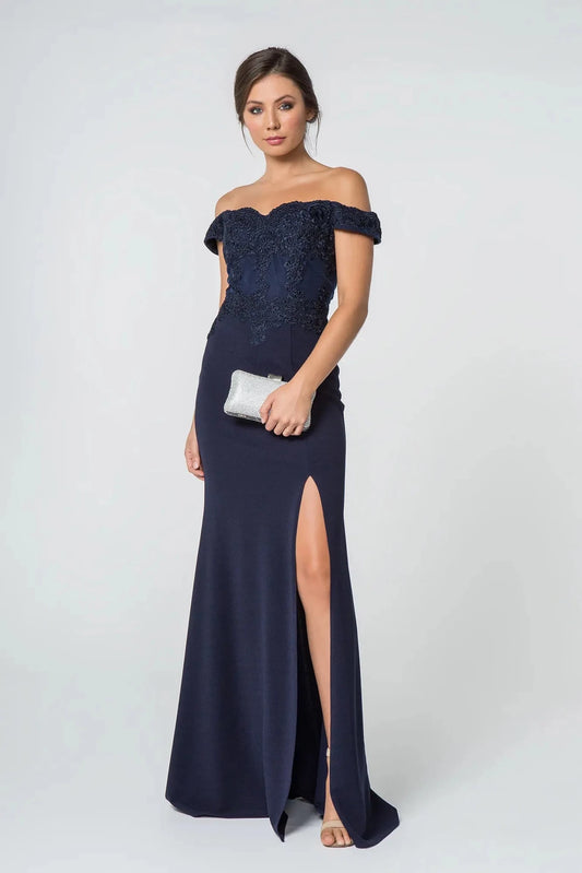 Full-length front view shows embroidered off-shoulder styling on the Navy prom evening dress.