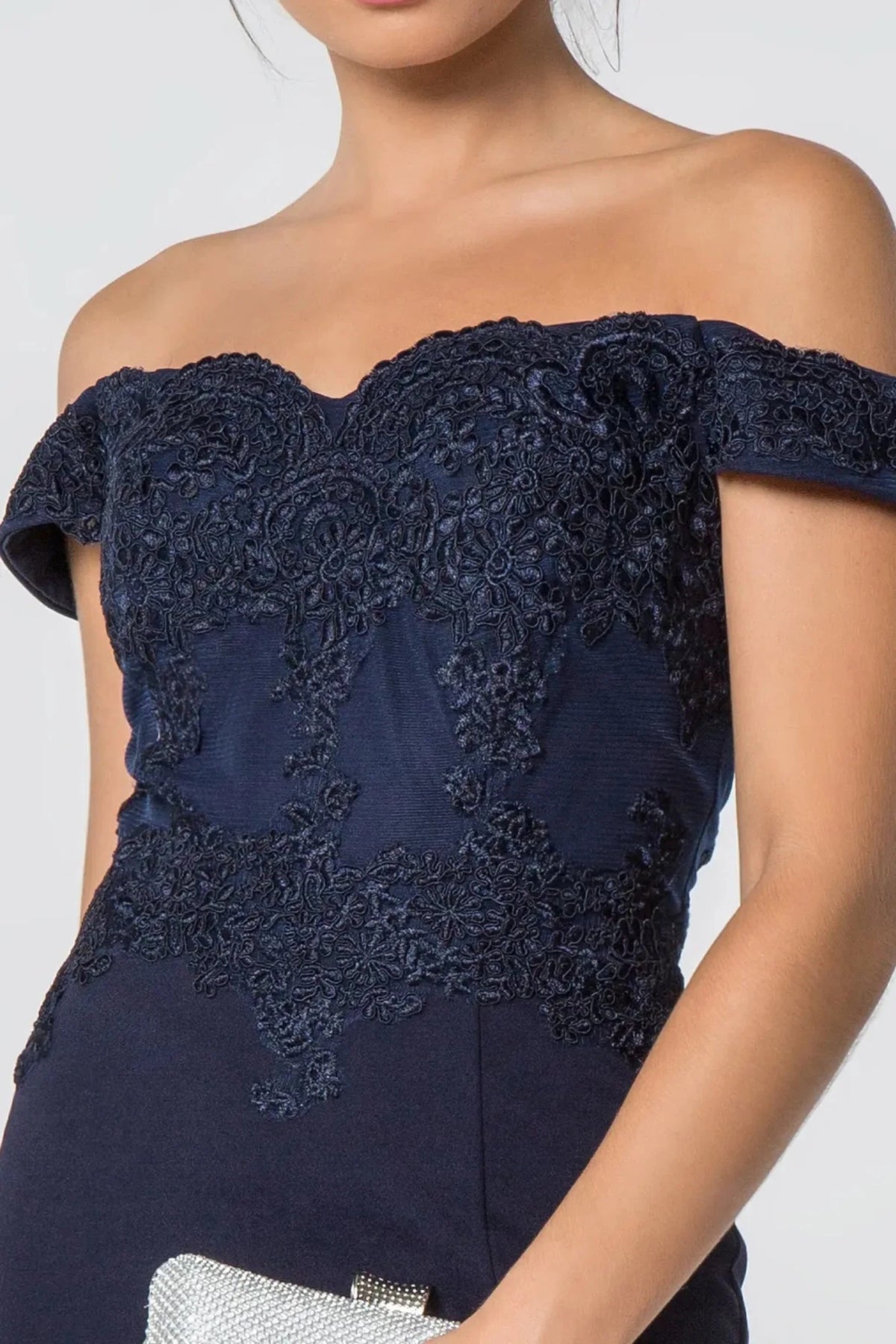 Navy sweetheart prom evening dress upper front with embroidery