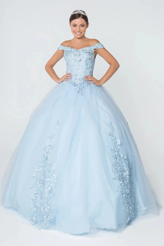 The Baby Blue quinceañera ball gown appears head to toe with an off-shoulder floral bodice and softly gathered blue skirt.