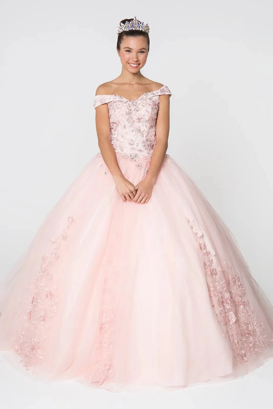 Sweeping Blush quinceañera ball gown is shown in full with an off-shoulder floral bodice and blush appliqué ball skirt.
