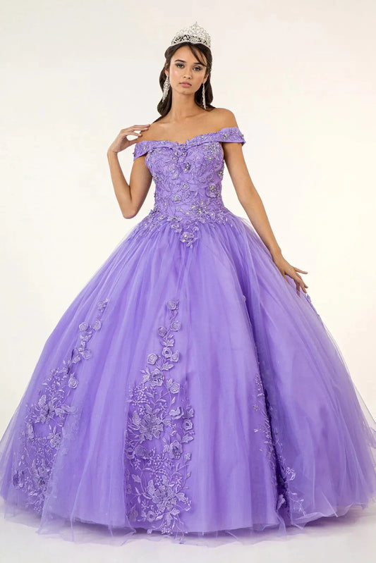 Displayed in full, the Lilac quinceañera ball gown features an off-shoulder floral neckline and lilac appliqué skirt.