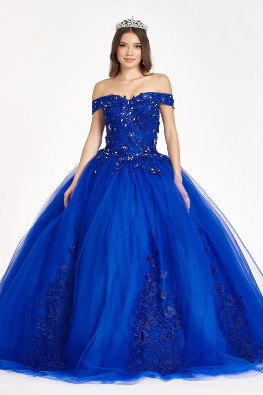 Full-length Royal Blue quinceañera ball gown showcases an off-shoulder floral corset and vivid blue ball skirt.