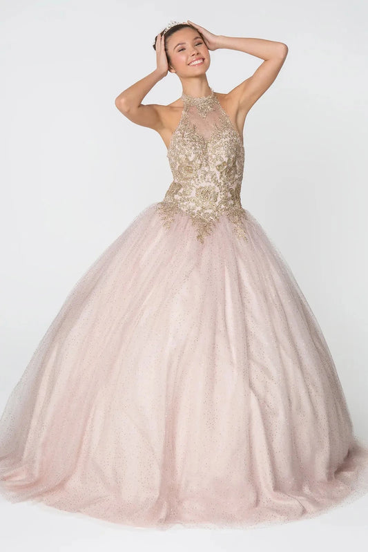 Displayed in full, the Mauve quinceañera ball gown features a jeweled illusion halter bodice and soft mauve tulle skirt.