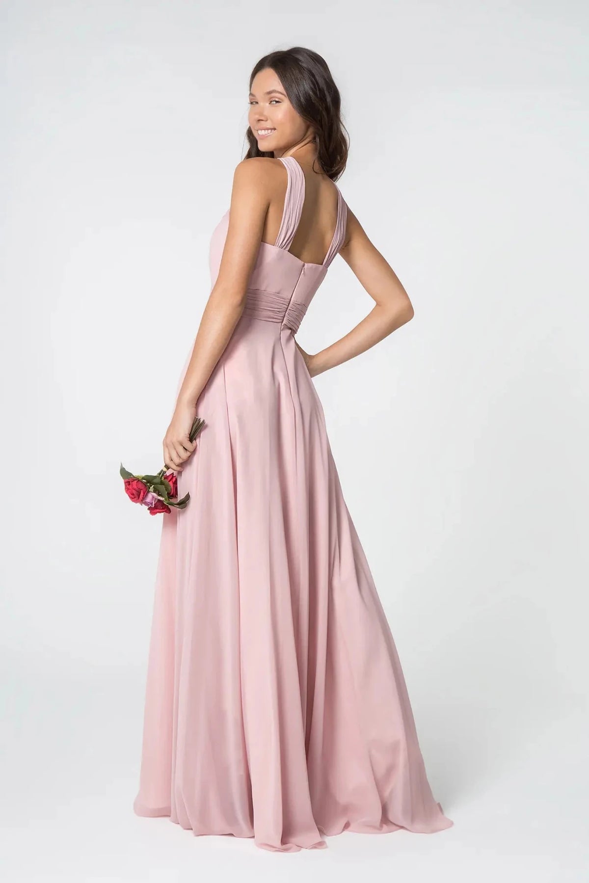 Dusty Rose prom evening dress full back with back detail