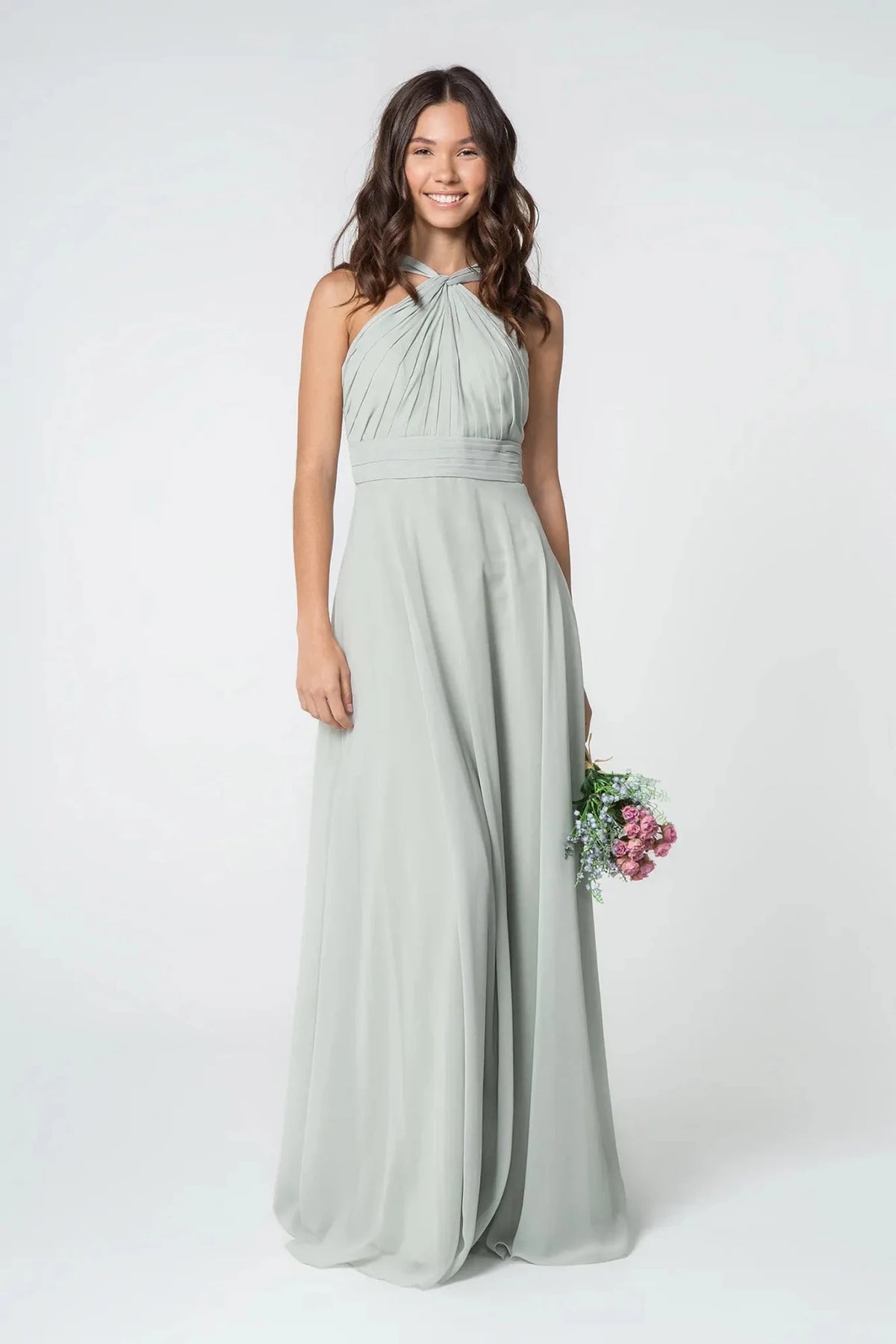Sage chiffon prom evening dress full front