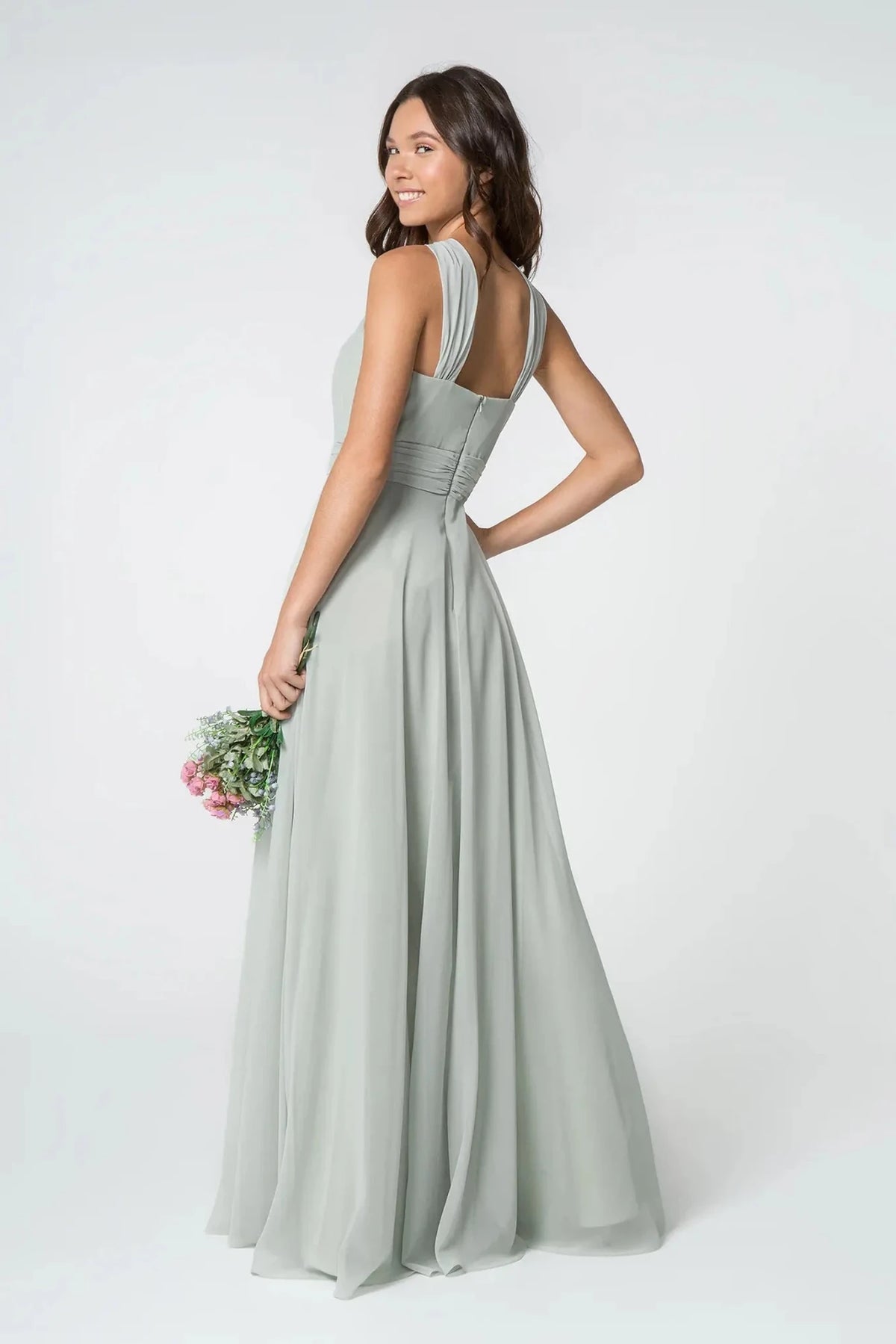 Sage prom evening dress full back with back detail